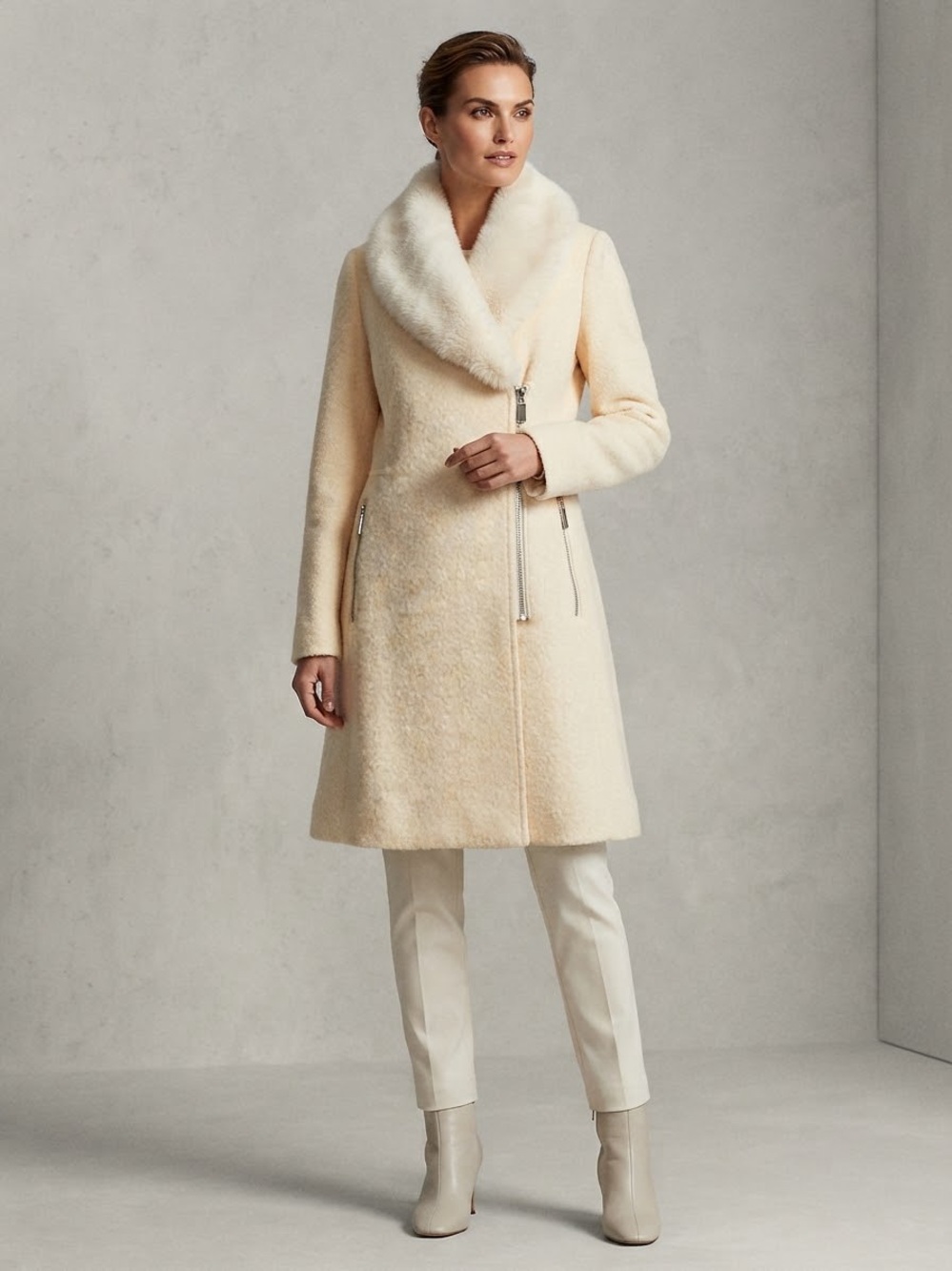 INC International Concepts S Ivory Wool Blend Faux Fur Collar Zip Coat